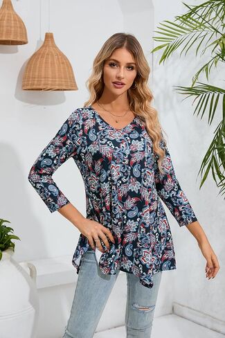 ENMAIN Womens Tunics Tops 3/4 Length Sleeve Plus Size Long Tops to Wear with Leggings Casual Loose Fit Dressy Flowy Blouses in Kuwait