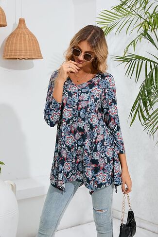 ENMAIN Womens Tunics Tops 3/4 Length Sleeve Plus Size Long Tops to Wear with Leggings Casual Loose Fit Dressy Flowy Blouses in Kuwait