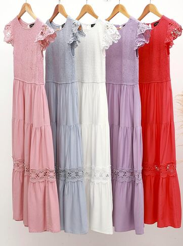 ZESICA Women's Casual Crew Neck Flutter Sleeve Smocked High Waist Hollow Out Lace Trim Tiered A Line Midi Dress in Saudi Arabia