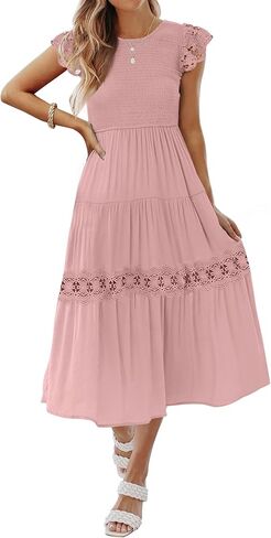 ZESICA Women's Casual Crew Neck Flutter Sleeve Smocked High Waist Hollow Out Lace Trim Tiered A Line Midi Dress in Saudi Arabia
