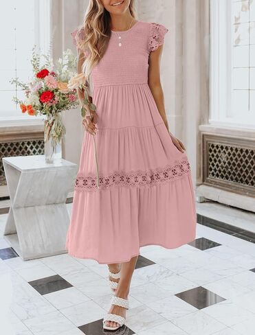ZESICA Women's Casual Crew Neck Flutter Sleeve Smocked High Waist Hollow Out Lace Trim Tiered A Line Midi Dress in Saudi Arabia