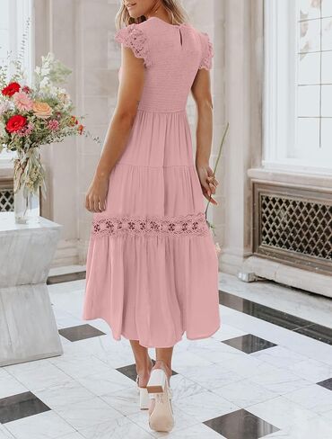 ZESICA Women's Casual Crew Neck Flutter Sleeve Smocked High Waist Hollow Out Lace Trim Tiered A Line Midi Dress in Saudi Arabia