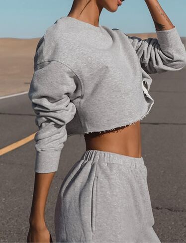 سويت شيرت نسائي من الصوف المقصوص بياقة دائرية وأكمام طويلة، بلوفر كاجوال، قطع علوية قصيرة in Kuwait