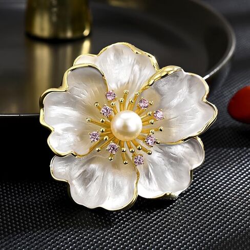 Peony Brooches for Women Gold-Plated Peony Flower Pearl Brooch Lapel Pin Rhinestone Flower Brooch Jewelry for Mom Wife in Kuwait