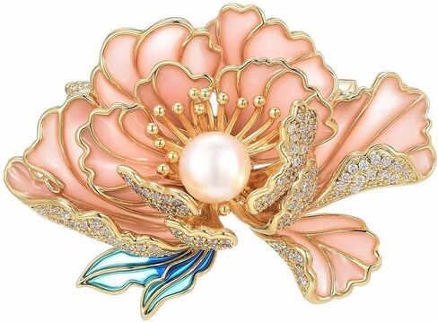 Peony Brooches for Women Gold-Plated Peony Flower Pearl Brooch Lapel Pin Rhinestone Flower Brooch Jewelry for Mom Wife in Kuwait