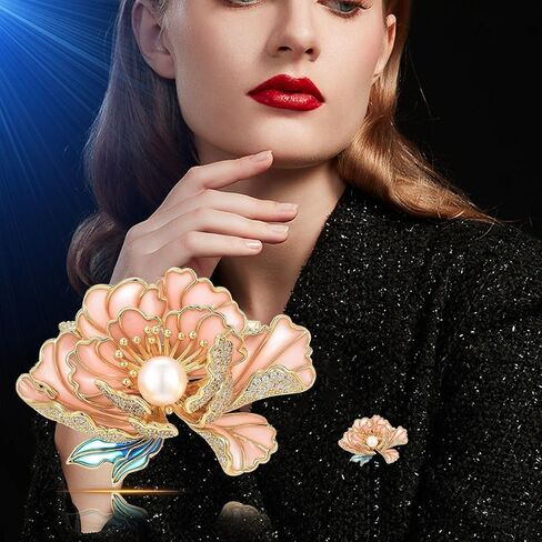 Peony Brooches for Women Gold-Plated Peony Flower Pearl Brooch Lapel Pin Rhinestone Flower Brooch Jewelry for Mom Wife in Kuwait