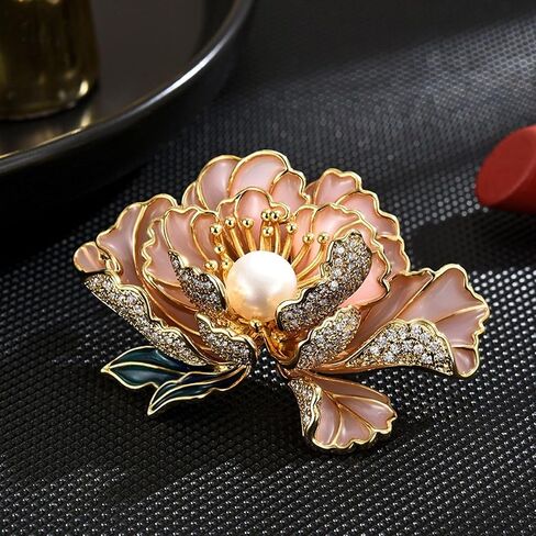 Peony Brooches for Women Gold-Plated Peony Flower Pearl Brooch Lapel Pin Rhinestone Flower Brooch Jewelry for Mom Wife in Kuwait
