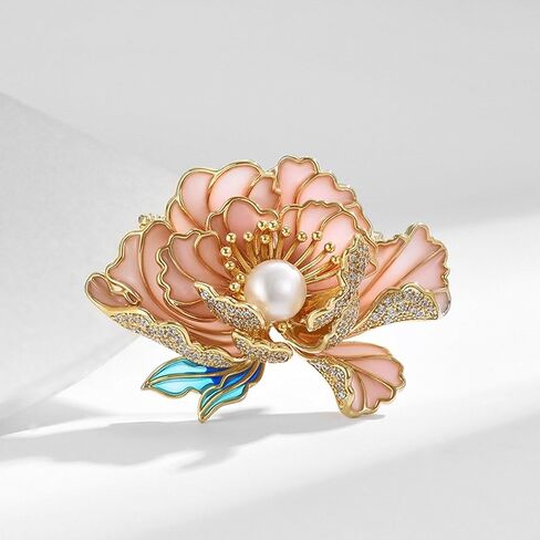 Peony Brooches for Women Gold-Plated Peony Flower Pearl Brooch Lapel Pin Rhinestone Flower Brooch Jewelry for Mom Wife in Kuwait