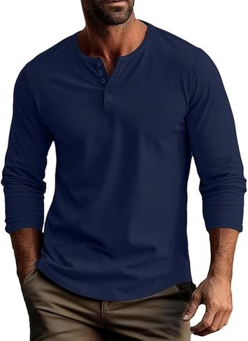 Lexiart Men's Casual Slim Fit Henley Shirts Long Sleeve Fashion Crewneck T-Shirt Athletic Shirt Tees with Button in Saudi Arabia