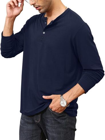 Lexiart Men's Casual Slim Fit Henley Shirts Long Sleeve Fashion Crewneck T-Shirt Athletic Shirt Tees with Button in Saudi Arabia