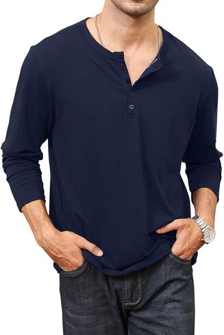 Lexiart Men's Casual Slim Fit Henley Shirts Long Sleeve Fashion Crewneck T-Shirt Athletic Shirt Tees with Button in Saudi Arabia