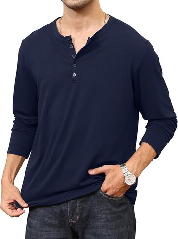 Lexiart Men's Casual Slim Fit Henley Shirts Long Sleeve Fashion Crewneck T-Shirt Athletic Shirt Tees with Button in Saudi Arabia