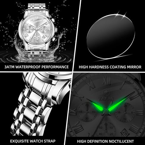 ساعات رجالية من الفولاذ المقاوم للصدأ، وجه كلاسيكي كبير، ساعة كرونوغراف سهلة القراءة للرجال، ساعات كوارتز تناظرية مقاومة للماء، أرقام رومانية، ساعة معصم رجالية مع تاريخ مضيء، Reloj Para Hombre in Kuwait