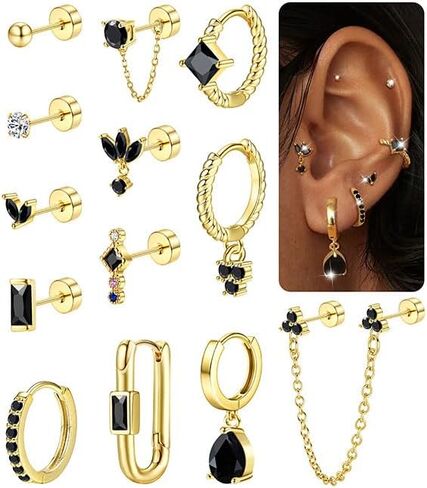Sanfenly Stud Earrings Small Gold Hoop Earrings Set for Women Flat Back Earring Hypoallergenic Cartilage Earring Lightweight Dainty 14K Gold Stud Earrings for Multiple Piercing Set in Kuwait