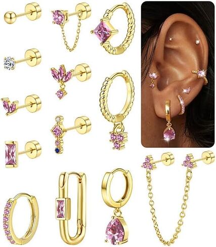 Sanfenly Stud Earrings Small Gold Hoop Earrings Set for Women Flat Back Earring Hypoallergenic Cartilage Earring Lightweight Dainty 14K Gold Stud Earrings for Multiple Piercing Set in Kuwait