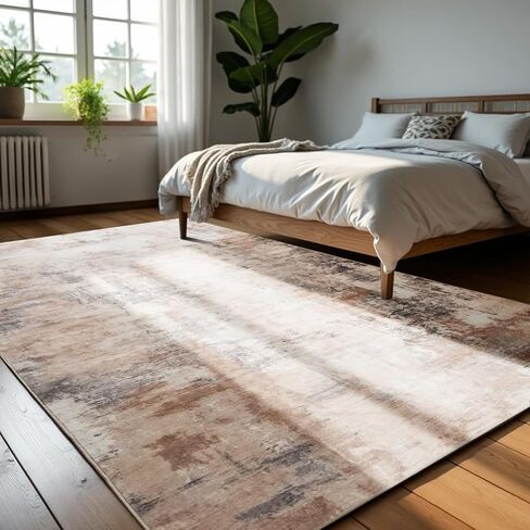 Area Rug 4x6, Washable Faux Wool Throw Rugs for Living Room, 0.3″ Non Slip Low Pile Vintage Boho Abstract Carpet for Ding Room, Home Office, Bedroom, Kids Room, Bedside (Khaki) in Saudi Arabia
