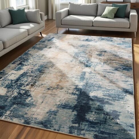 Area Rug 4x6, Washable Faux Wool Throw Rugs for Living Room, 0.3″ Non Slip Low Pile Vintage Boho Abstract Carpet for Ding Room, Home Office, Bedroom, Kids Room, Bedside (Khaki) in Saudi Arabia