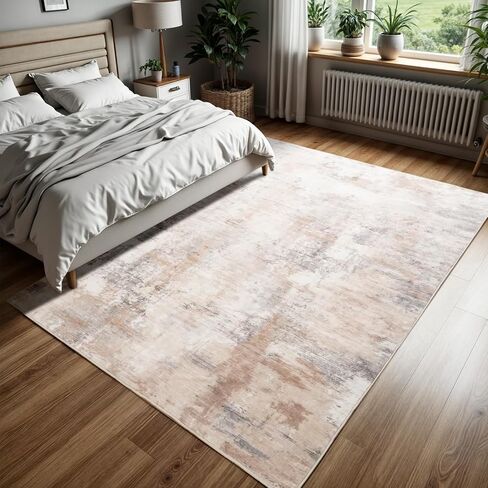 Area Rug 4x6, Washable Faux Wool Throw Rugs for Living Room, 0.3″ Non Slip Low Pile Vintage Boho Abstract Carpet for Ding Room, Home Office, Bedroom, Kids Room, Bedside (Khaki) in Saudi Arabia
