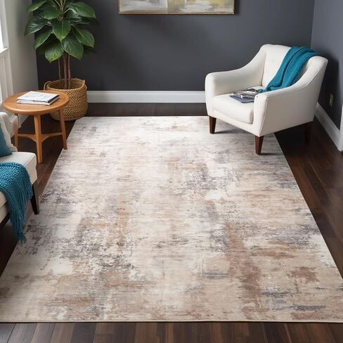 Area Rug 4x6, Washable Faux Wool Throw Rugs for Living Room, 0.3″ Non Slip Low Pile Vintage Boho Abstract Carpet for Ding Room, Home Office, Bedroom, Kids Room, Bedside (Khaki) in Saudi Arabia