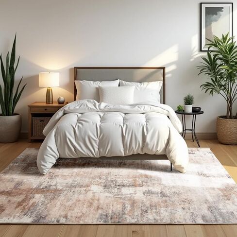 Area Rug 4x6, Washable Faux Wool Throw Rugs for Living Room, 0.3″ Non Slip Low Pile Vintage Boho Abstract Carpet for Ding Room, Home Office, Bedroom, Kids Room, Bedside (Khaki) in Saudi Arabia
