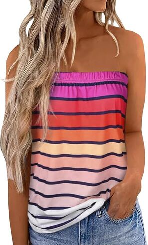 FECAFO Women Striped Strapless Bandeau Tank Tops Summer Casual Holiday Tube Top Backless Sexy Sleeveless Shirt Blouse Tanks in Saudi Arabia