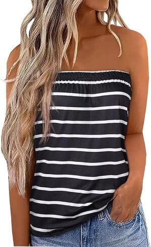 FECAFO Women Striped Strapless Bandeau Tank Tops Summer Casual Holiday Tube Top Backless Sexy Sleeveless Shirt Blouse Tanks in Saudi Arabia