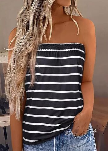 FECAFO Women Striped Strapless Bandeau Tank Tops Summer Casual Holiday Tube Top Backless Sexy Sleeveless Shirt Blouse Tanks in Saudi Arabia