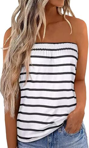 FECAFO Women Striped Strapless Bandeau Tank Tops Summer Casual Holiday Tube Top Backless Sexy Sleeveless Shirt Blouse Tanks in Saudi Arabia