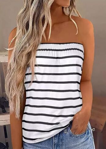 FECAFO Women Striped Strapless Bandeau Tank Tops Summer Casual Holiday Tube Top Backless Sexy Sleeveless Shirt Blouse Tanks in Saudi Arabia