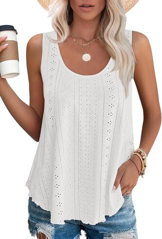 ATHMILE Womens Tank Tops Sleeveless Eyelet Embroidery Scoop Neck Loose Fit Casual Summer Flowy in Kuwait