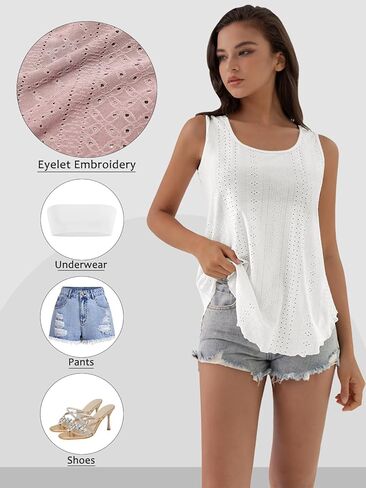 ATHMILE Womens Tank Tops Sleeveless Eyelet Embroidery Scoop Neck Loose Fit Casual Summer Flowy in Kuwait
