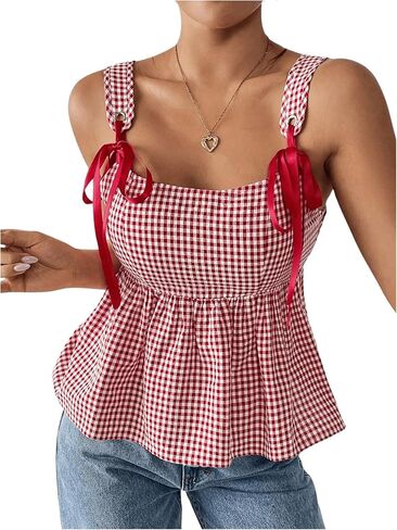 MakeMeChic Women's Gingham Plaid Wide Strap Cami Top Babydoll Shirt Shirred Peplum Camisole Tops in Saudi Arabia