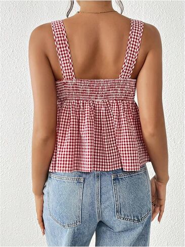 MakeMeChic Women's Gingham Plaid Wide Strap Cami Top Babydoll Shirt Shirred Peplum Camisole Tops in Saudi Arabia