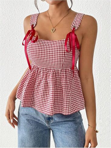 MakeMeChic Women's Gingham Plaid Wide Strap Cami Top Babydoll Shirt Shirred Peplum Camisole Tops in Saudi Arabia