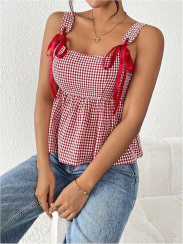 MakeMeChic Women's Gingham Plaid Wide Strap Cami Top Babydoll Shirt Shirred Peplum Camisole Tops in Saudi Arabia