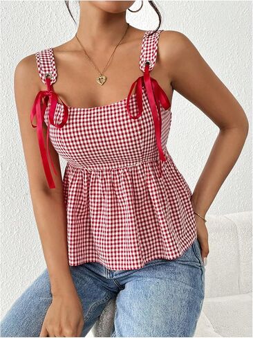 MakeMeChic Women's Gingham Plaid Wide Strap Cami Top Babydoll Shirt Shirred Peplum Camisole Tops in Saudi Arabia