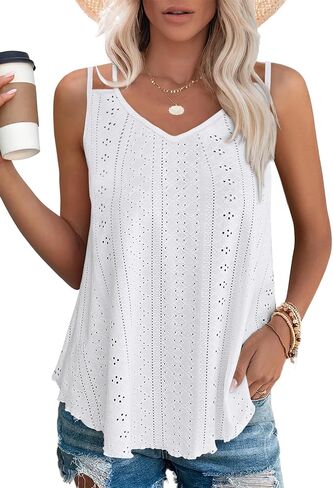 Cysincos Womens Flowy Tank Tops Sleeveless Eyelet Embroidery V Neck Camisoles Summer Loose Fit in Kuwait