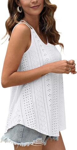 Cysincos Womens Flowy Tank Tops Sleeveless Eyelet Embroidery V Neck Camisoles Summer Loose Fit in Kuwait