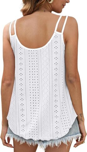 Cysincos Womens Flowy Tank Tops Sleeveless Eyelet Embroidery V Neck Camisoles Summer Loose Fit in Kuwait