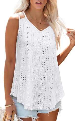 Cysincos Womens Flowy Tank Tops Sleeveless Eyelet Embroidery V Neck Camisoles Summer Loose Fit in Kuwait