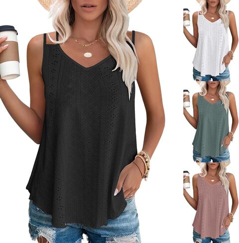 Cysincos Womens Flowy Tank Tops Sleeveless Eyelet Embroidery V Neck Camisoles Summer Loose Fit in Kuwait