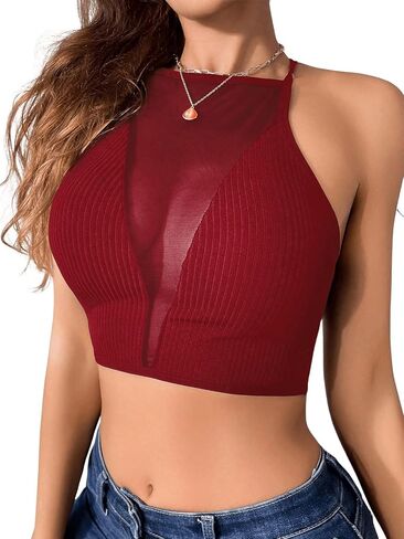 Milumia Women See Through Contrast Mesh Crop Tops Going Out Tee Shirts in Saudi Arabia