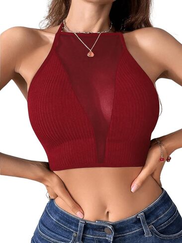 Milumia Women See Through Contrast Mesh Crop Tops Going Out Tee Shirts in Saudi Arabia
