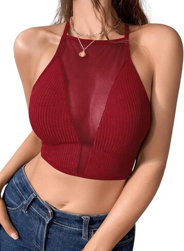 Milumia Women See Through Contrast Mesh Crop Tops Going Out Tee Shirts in Saudi Arabia