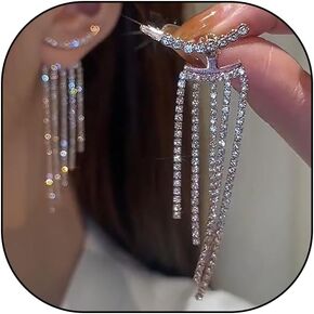 Silver Rhinestone Long Tassel Pendant Earrings for Women Wedding Dance Party Bling Crystal Pendant Earrings Sparkling Rainbow Earrings Long Fringe