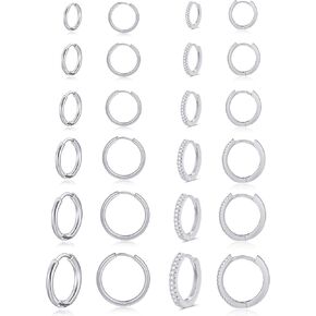 Tornito 12 Pairs Surgical Stainless Steel Huggie Hoop Earrings Gold Silver Small Hoops Cubic Zirconia Earrings 6mm 8mm 10mm 12mm 14mm 16mm Cartilage Helix Tragus Lobes Hinged Piercings for Women Men