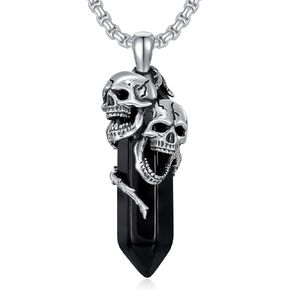 Skull Necklace 925 Sterling Silver Black Obsidian Skull Pendant Goth Jewelry for Men Women, w/Stainless Steel Chain 22''+2''