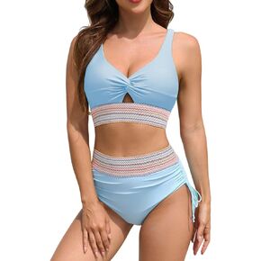 ZAFUL Women High Waisted Bikini Sets Color Block Swimsuit Two Piece Knot Twist Cut Out Drawstring Bathing Suit