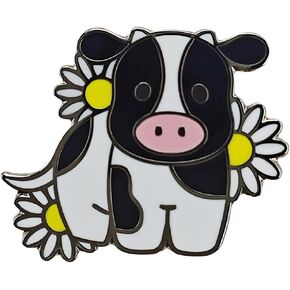Cute Cow Daisy Flower Enamel Pin, Black And White Cow With Yellow Daisies Lapel Pin for Backpacks Hat Jackets Badge