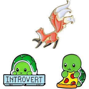 Acxico 3 Pcs 2 Introvert Enamel Pin Cute Pizza Tortoise Brooch and 1 Fox Enamel Pin Cute Animal Brooch Backpack Badges Gifts